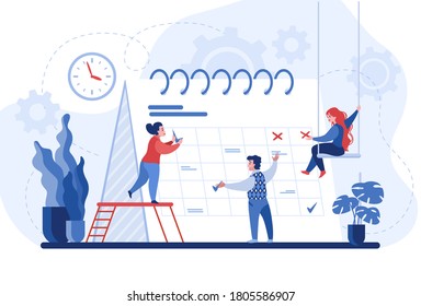 Planning concept. Entrepreneurship and calendar schedule planning with filling course campaign. Vector illustration events social media content and professional plan workers communications
