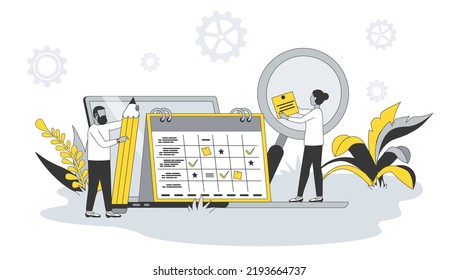 Concepto de planificación en diseño plano con personas. El hombre y la mujer programan las citas en el calendario, marcan las tareas en la lista y organizan el flujo de trabajo de la oficina. Ilustración vectorial con escena de caracteres para banner web