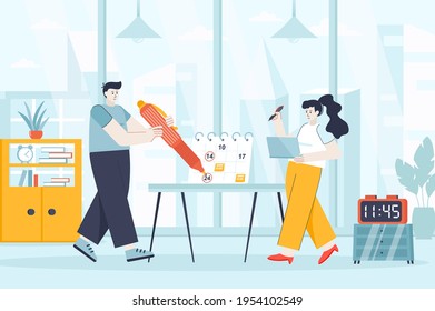 Planning concept in flat design. Time management scene. Man and woman mark important dates on calendar, plans, productivity, job deadline. Vector illustration of people characters for landing page