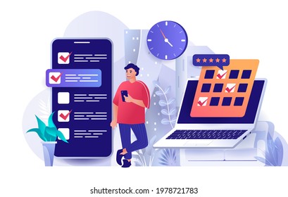 Planning concept in flat design. Time management scene template. Man organizes workflow, uses to-do lists, plans meetings on calendar, deadline. Vector illustration of people characters activities