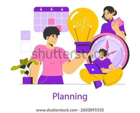 Planning concept illustrating effective idea realization. Features individuals engaged in strategizing with tools like a calendar, notebook, and lightbulb, representing creativity and time management
