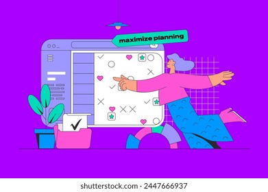 Planning concept in modern flat design for web. Woman making plan in calendar schedule, organizing processes and agenda with deadline. Vector illustration for social media banner, marketing material.