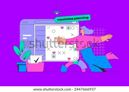 Planning concept in modern flat design for web. Woman making plan in calendar schedule, organizing processes and agenda with deadline. Vector illustration for social media banner, marketing material.