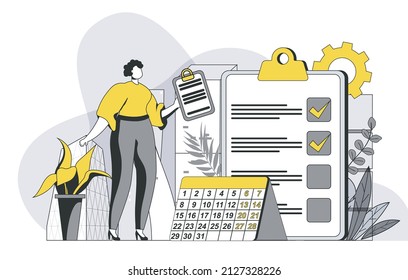 Planning concept with outline people scene. Woman organizes workflow and composes list of tasks, marks dates on calendar, time management. Vector illustration in flat line design for web template