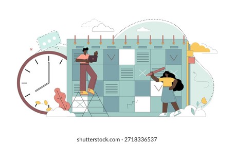 Conceito de planejamento. Pessoas, trabalhadores de escritório, empreendedores preenchem a programação do calendário