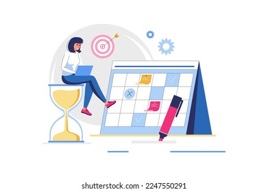 Planungskonzept mit Menschen-Szene im flachen Design. Frauen planen den Workflow und sind im Zeitmanagement tätig, nimmt Sitzungen und Aufgaben im Kalender zur Kenntnis. Vektorgrafik mit Zeichensituation im Web