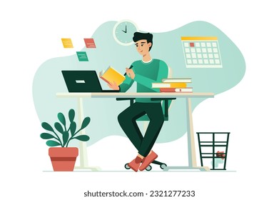 Planning concept with people scene in the flat cartoon design. An office worker plans a work schedule. Vector illustration.