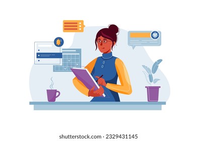Concepto de planificación con la escena de la gente en el estilo de dibujos planos. El administrador crea un programa de trabajo y una planificación de tareas. Ilustración vectorial.