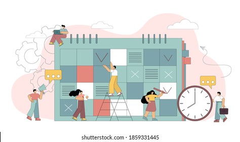 Concepto de planificación. Programar la programación. Organización de eventos, trabajo de oficina. La gente rellena el calendario, planifica, organiza el trabajo. Ilustración plana vectorial aislada en fondo blanco.