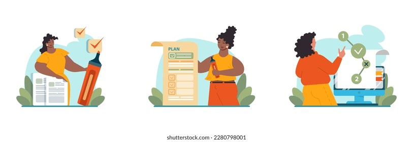 Planning concept set. Setting a goal and following schedule. Idea of tasking and notting. Time optimization, daily routine organization. Appointment progress. Flat vector illustration