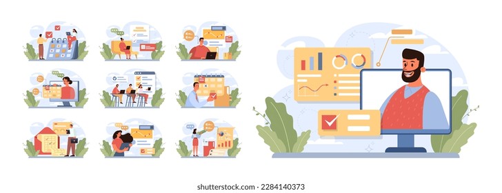 Planning concept set. Setting a goal and following schedule. Idea of tasking and notting. Time optimization, daily routine organization. Appointment progress. Flat vector illustration