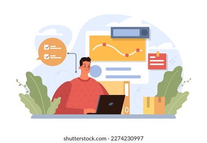 Planning concept. Setting a goal and following schedule. Idea of tasking and notting. Time optimization, daily routine organization. Appointment progress. Flat vector illustration