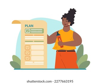 Planning concept. Setting a goal and following schedule. Idea of tasking and notting. Time optimization, daily routine organization. Appointment progress. Flat vector illustration