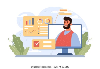 Planning concept. Setting a goal and following schedule. Idea of tasking and notting. Time optimization, daily routine organization. Appointment progress. Flat vector illustration