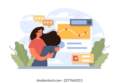 Planning concept. Setting a goal and following schedule. Idea of tasking and notting. Time optimization, daily routine organization. Appointment progress. Flat vector illustration