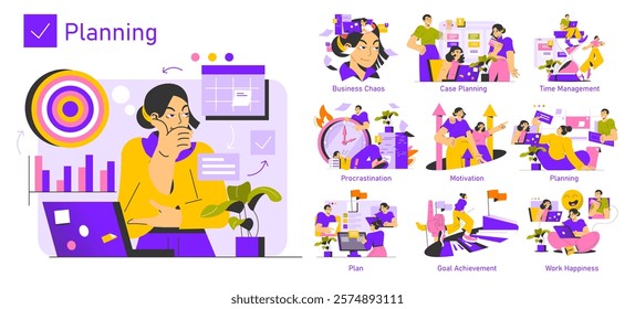 Planning concept. This illustration embodies various aspects of planning, including time management, goal achievement, and motivation. It highlights overcoming procrastination and fostering work