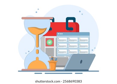 Planning concept Time management, schedule, deadline, planner, planning and organizing. Time organization efficiency. Project team work schedule. Good business process. Flat vector illustration.