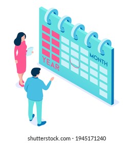 Planning concept. Vector people and calendar. Vector illustration in isometric style. Isolated on white background