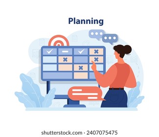 Planning concept. Woman setting tasks on calendar, organizing schedule towards goal. Time management. Strategic preparation. Achieving objectives. Flat vector illustration