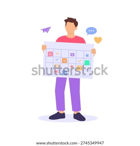 Planning Content Calendar, Organizing scheduled posts for consistent publishing, Flat vector character illustration