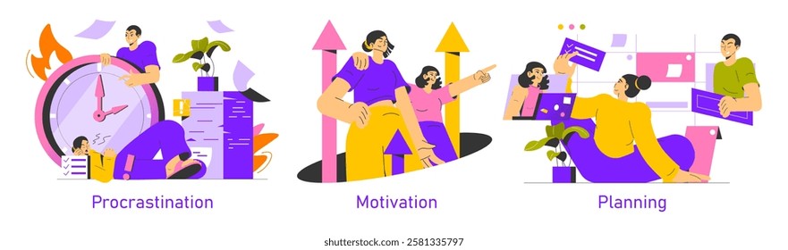 Planning context is essential for productivity and organization. It showcases individuals overcoming procrastination, finding motivation, and effectively planning their tasks. This visual embodies the