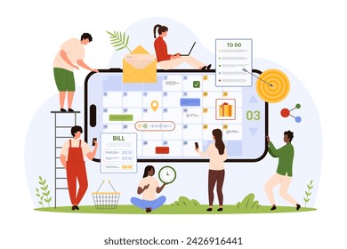 Planning, daily work tasks management in mobile app. Tiny people manage to do list options and voice messages, bills and emails using planner interface on phone screen cartoon vector illustration