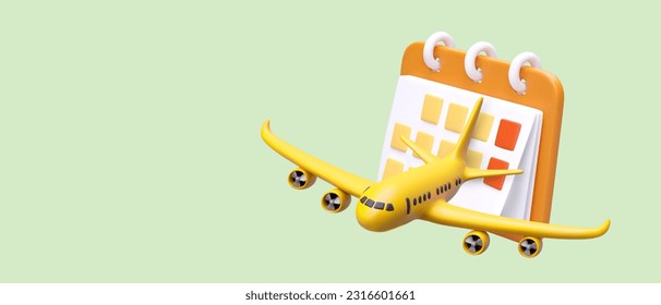 Planning date of departure. Choosing best tour. Booking air tickets for certain day. 3D calendar and airplane in plasticine style. Poster with place for text