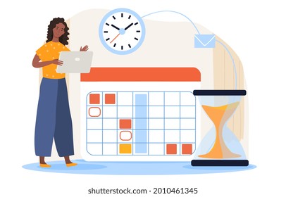 Planning day concept. Business woman holds an electronic calendar in her hands and enters events into it. Time management for meeting deadlines. Cartoon flat vector illustration on a white background