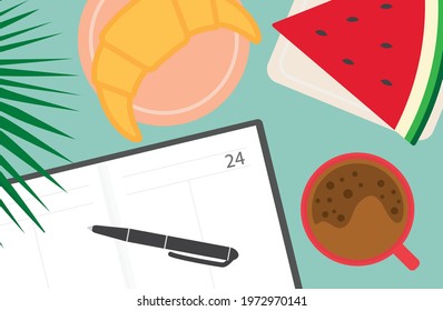 planning day during breakfast, open calendar, croissant, coffee and watermelon- vector illustration