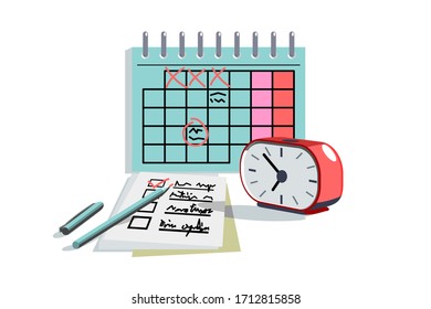 Programación de días de planificación en la ilustración vectorial de papel o portátil. Marcas de escritura con un estilo plano de lápiz. Concepto de calendario de citas y gestión del tiempo. Aislado sobre fondo blanco