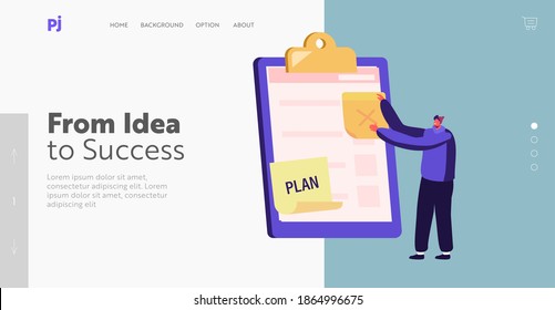 Planning Deals or Thinking New Ideas. Task Questionnaire List Result, Plan Landing Page Template. Tiny Businessman Character Put Sticky Notes on Huge Clipboard or Textbook. Cartoon Vector Illustration