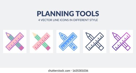 Planning and design tools icon in different styles. Drawing architecture project concept.