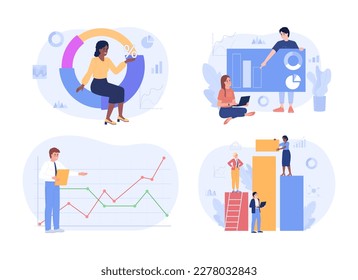 Planning and development department flat concept vector spot illustrations pack. Editable 2D cartoon characters on white for web design. Analysts creative ideas collection for website, mobile app