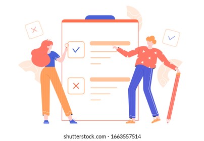 Planning and to do list. A guy and a girl colleague are standing next to a tablet with paper. Work organization, startups, project management. Vector flat illustration.