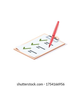 Planning document checkmark pen. Vector 3d isometric, color web icon, new flat style. Creative illustration design, isolated graphic idea for infographics.
