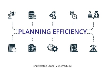 Conjunto de iconos de eficiencia de planificación. Icono de eficiencia de planificación simple monocromo colección. Anticipación, Agenda, Gestión de Crisis, Cita, Balance Trabajo-Vida, Registro de Tiempo, Lista de Irritación, Control de Tiempo