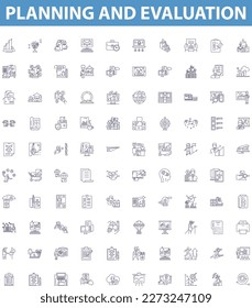 Planning and evaluation line icons, signs set. planning, evaluation, strategy, vision, mission, goal, objective, outcome, metric outline vector illustrations.