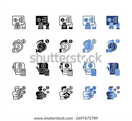 Planning, Expenditure, Assessment, Savings multiple style icon set.