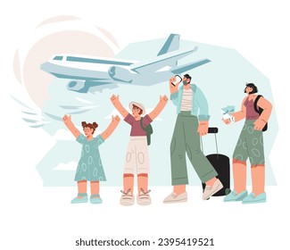 Planning a family trip, joys of travel together, flight and vacation banner. Family tourism and travel with people arrive to airport with luggage, vector illustration isolated on white background.