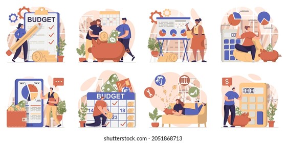 Planning financial budget collection of scenes isolated. People keep bookkeeping, finance management, set in flat design. Vector illustration for blogging, website, mobile app, promotional materials.