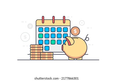 Planning financial budget concept in flat outline design. Auditing, accounting and money management. Vector illustration with colorful line web scene with calendar, piggy bank and stack of coins