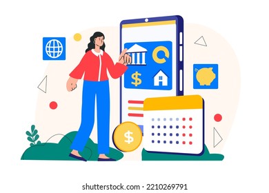 Planning Financial Budget Concept With People Scene In The Flat Cartoon Design. Girl Is Making A Plan On How To Spend Money On The Phone. Vector Illustration.