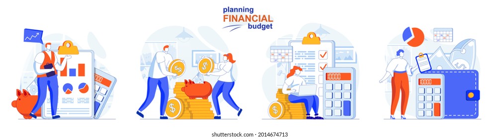 Planning financial budget concept set. Online banking, accounting and savings. People isolated scenes in flat design. Vector illustration for blogging, website, mobile app, promotional materials.