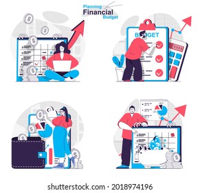 Planning financial budget concept set. Business accounting and savings at family. People isolated scenes in flat design. Vector illustration for blogging, website, mobile app, promotional materials.