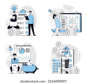 Planning financial budget concept set in flat design for web. Collection with people making money analysis, controlling personal finance, creating strategy for cash flow growth. Vector illustrations.