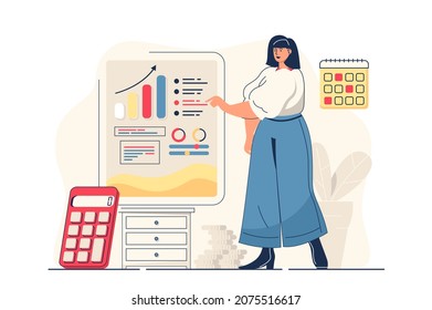 Planning financial budget concept for web banner. Woman analyzes financial statistics and creates invest strategy modern person scene. Vector illustration in flat cartoon design with people characters