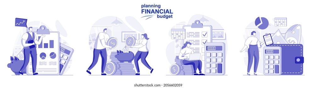 Planificación del presupuesto financiero aislado en diseño plano. La gente hace análisis contables, contabilidad, recolección de escenas. Ilustración vectorial para blogs, sitio web, aplicación móvil, materiales promocionales.