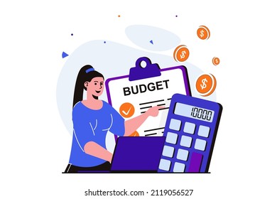 Planning financial budget modern flat concept for web banner design. Woman keeps accounts and counts business budget using calculator, analyzes balance. Vector illustration with isolated people scene