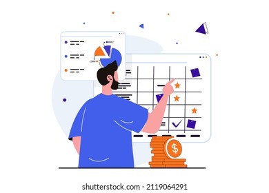 Planning financial budget modern flat concept for web banner design. Man does accounting audit, studies financial balance and forecasting earning. Vector illustration with isolated people scene