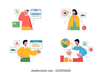 Planning financial budget set concept with people scene in the flat cartoon style. Economists and financial workers plans money for different needs. Vector illustration.